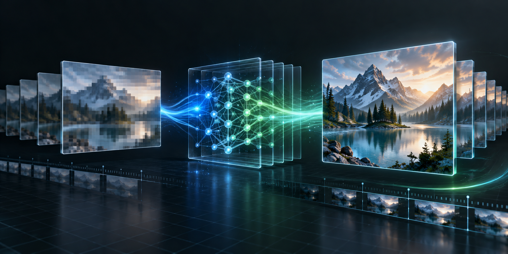 Low-resolution AI video passing through a neural super-resolution pipeline into a crisp 4K frame
