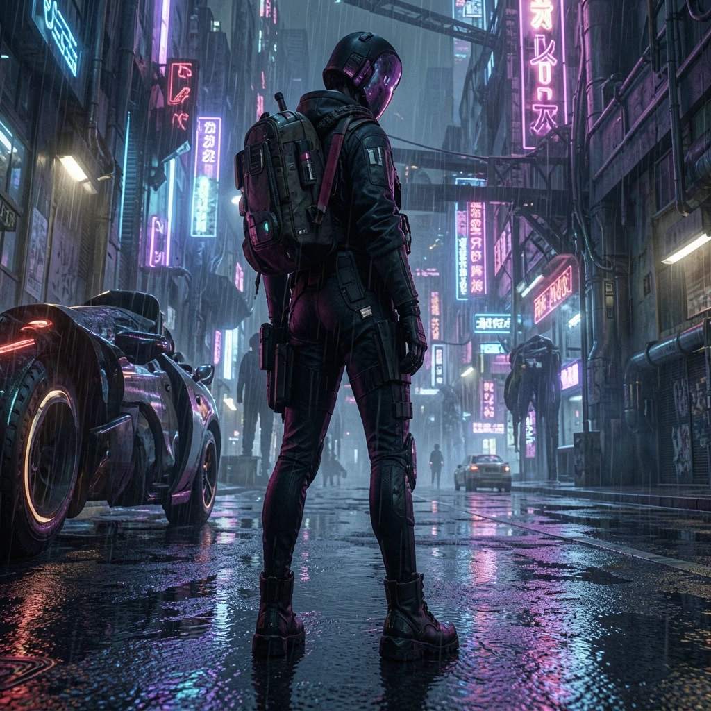 Historical site-owned cyberpunk character example with colored reflections and a helmet