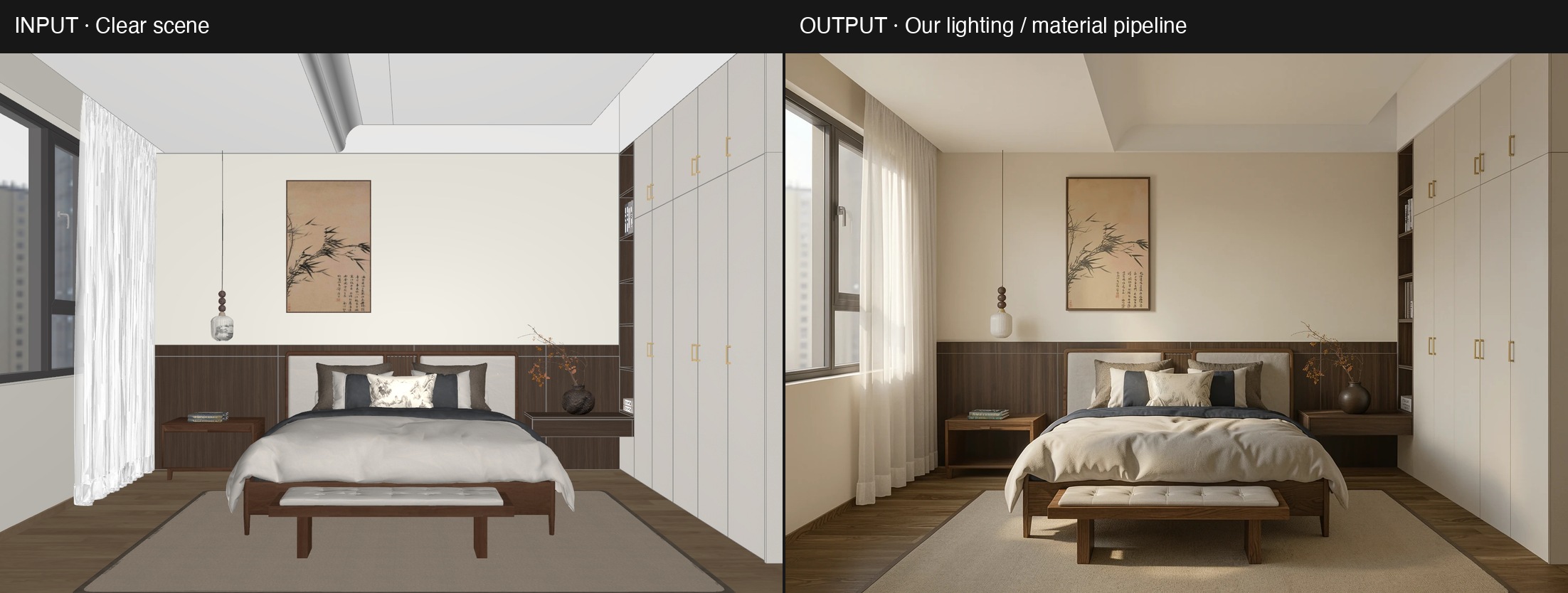 Site-owned bedroom render beside its recorded lighting and material redraw