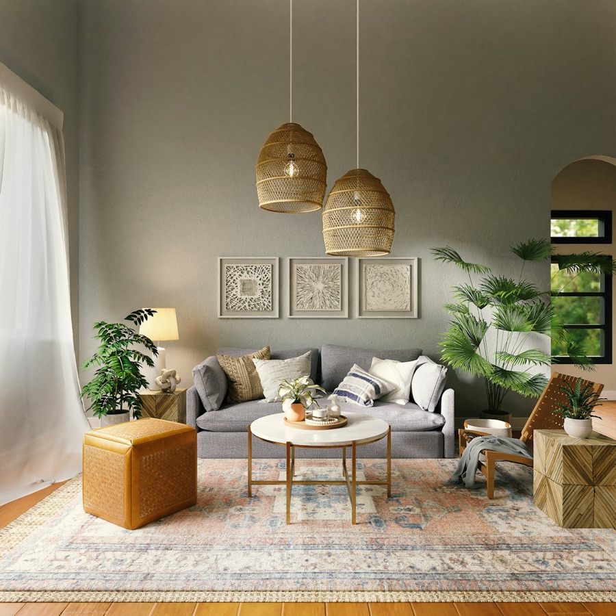 Site-owned furnished style reference with woven pendants and a muted palette