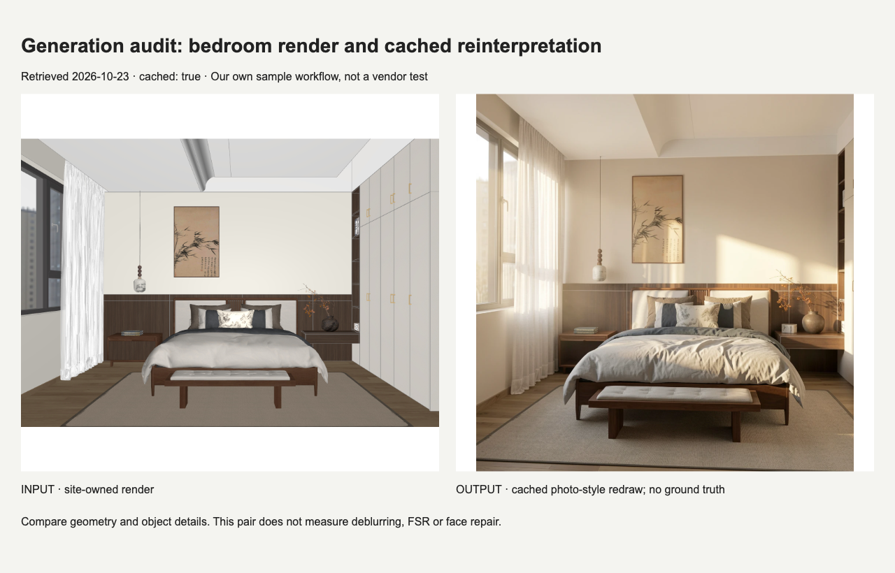Bedroom render and cached photographic redraw on our local browser inspection page