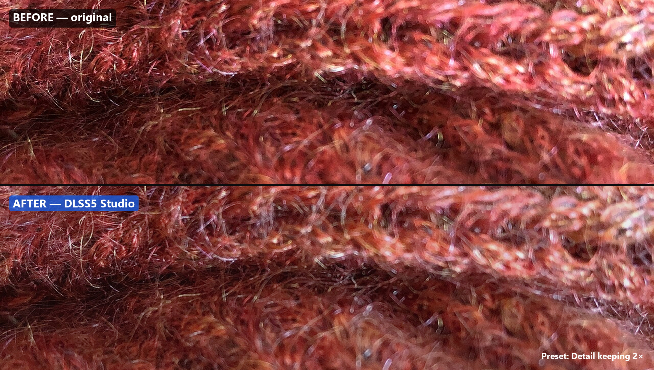 Red wool macro before and after comparison